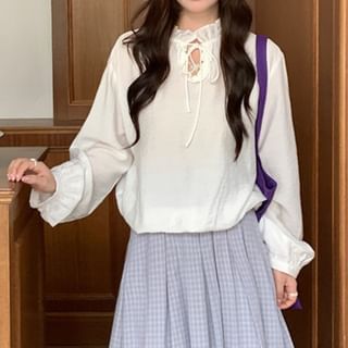 Long-Sleeve Frill Trim Plain Blouse