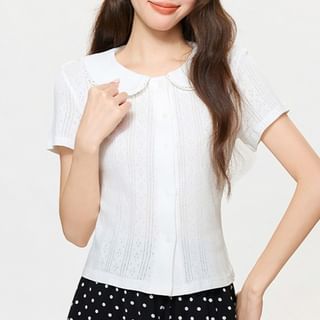 Short-Sleeve Plain Shirred Button-Up Blouse / Dotted Sash