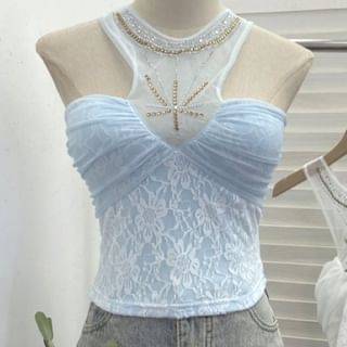 Sheer Panel Lace Halter Neck Camisole