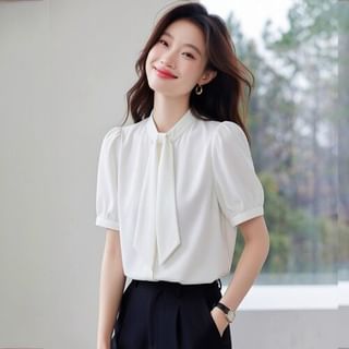 Crewneck Tie Neck Short Sleeve Blouse