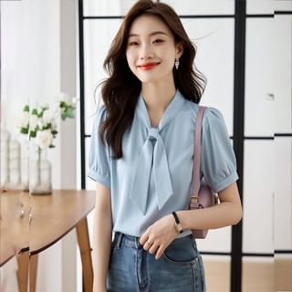 Crewneck Tie Neck Short Sleeve Blouse