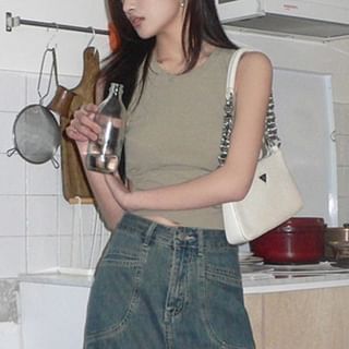 Cutout Crop Tank and Frayed Denim Skirt Set