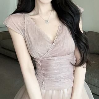 Cap-Sleeve V-Neck Ruched Lace Crop Top / High Waist Plain Mesh Mini A-Line Skort