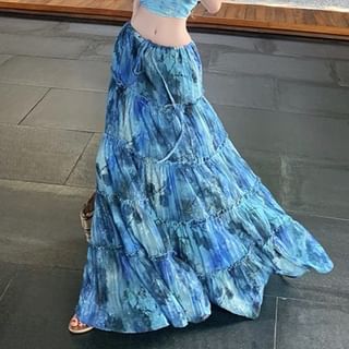 Tie Dye Ruched Crop Tube Top / Drawstring Waist Frill Trim Maxi A-Line Skirt