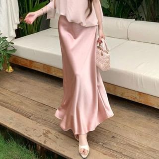 Off-Shoulder Plain Asymmetrical Top / High Waist Satin Mini Pencil Skirt / Maxi Mermaid Skirt