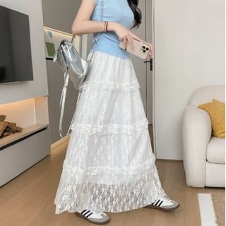 High Waist Tiered Lace Maxi A-Line Skirt