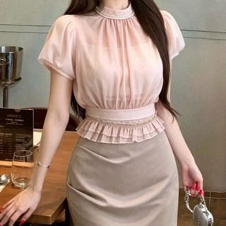 Puff Short Sleeve Stand Collar Plain Ruffle Blouse / Crop Camisole Top / High Waist Plain Ruched Mini Pencil Skirt / Set