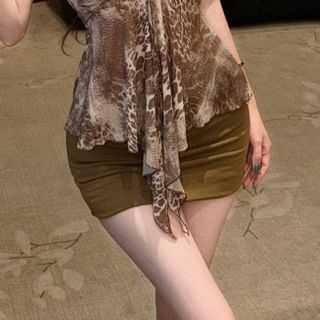 Leopard Ruched Sheer Strapless Top & Mini Pencil Skirt