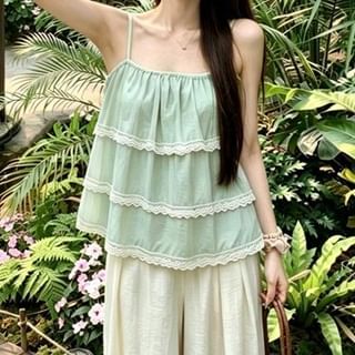 Spaghetti Strap Lace Trim Tiered Camisole Top