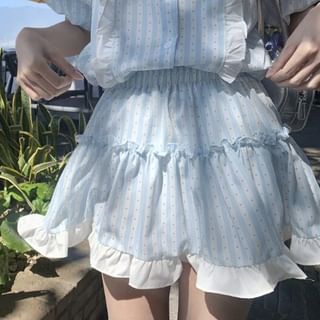 Short Sleeve Collared Dotted Striped Ruffle Panel Blouse / Elastic Waist Mini A-Line Skirt