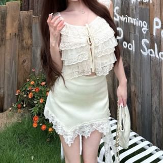 Sleeveless Lace Crop Top / High Waist Asymmetrical Mini Skirt