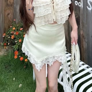 Sleeveless Lace Crop Top / High Waist Asymmetrical Mini Skirt