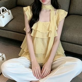 Short-Sleeve Square Neck Plain Ruffle Trim Blouse
