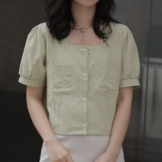 Short-Sleeve Square Neck Plain Button Up Blouse