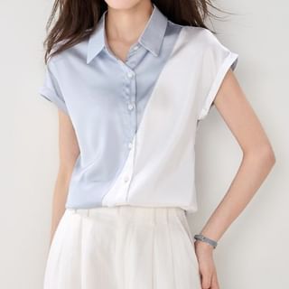Short-Sleeve Collared Two Tone Button-Up Satin Blouse