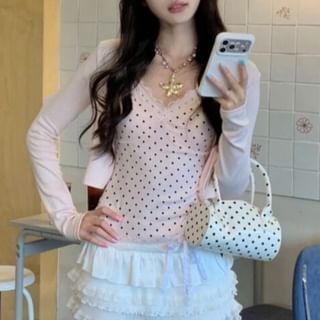 V-Neck Dotted Camisole with Crop Cardigan and Mini Skirt Set