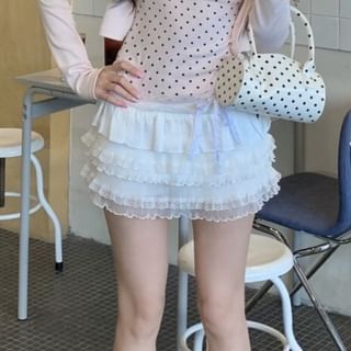 V-Neck Dotted Camisole with Crop Cardigan and Mini Skirt Set