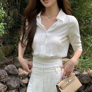 V-Neck Collared Crop Blouse with Tie Back and Wide Leg Pants