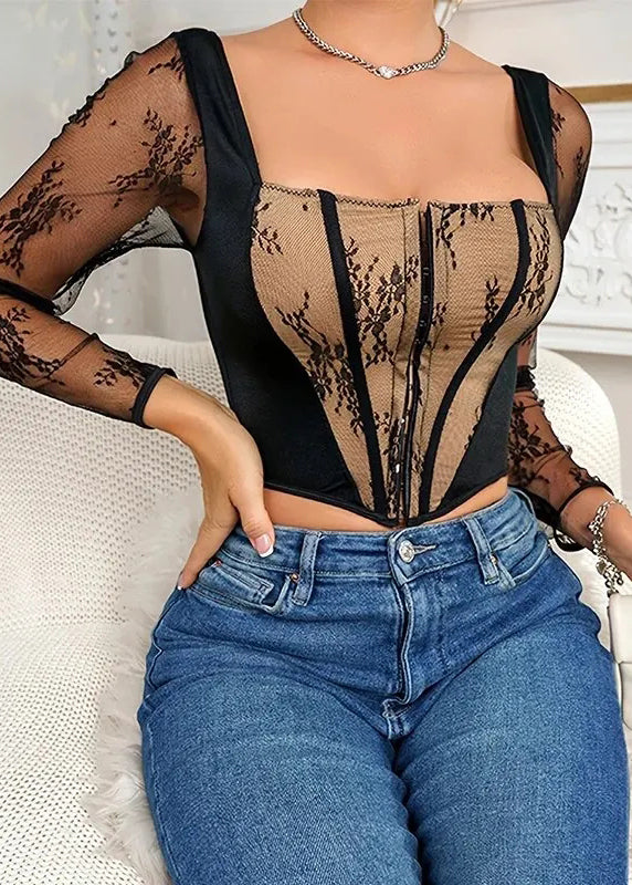 Hollow Patchwork Black Top Lace Casual Tight Out Fitting Design