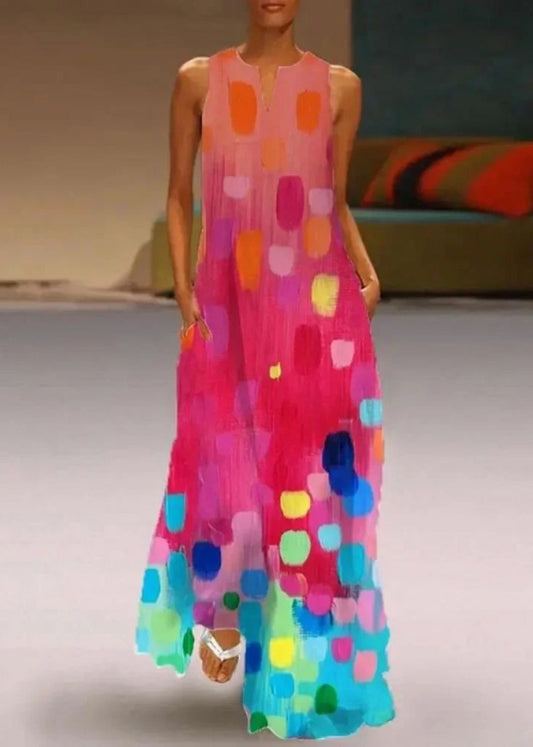 Ladies' Red Printed Sleeveless V-Neck Dress Maxi