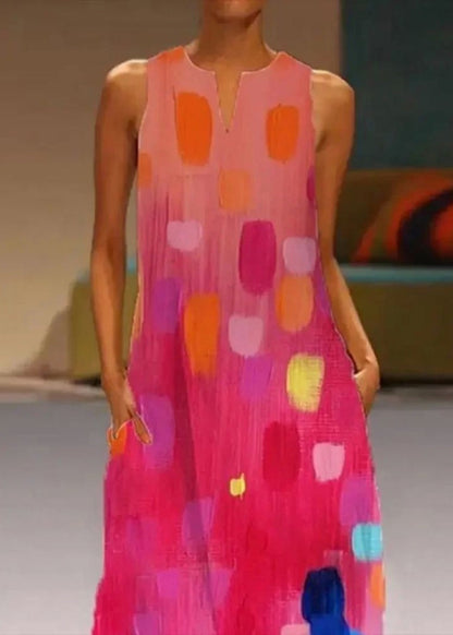 Ladies' Red Printed Sleeveless V-Neck Dress Maxi