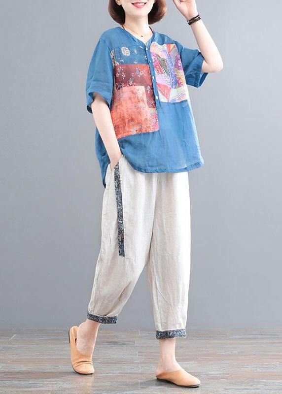 Two Set Lake Piece Summer Print Oversized Blue Linen