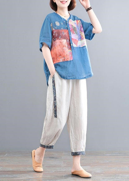 Two Set Lake Piece Summer Print Oversized Blue Linen