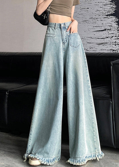 Light Blue Button Denim Wide Leg Pants Tasseled AW1006