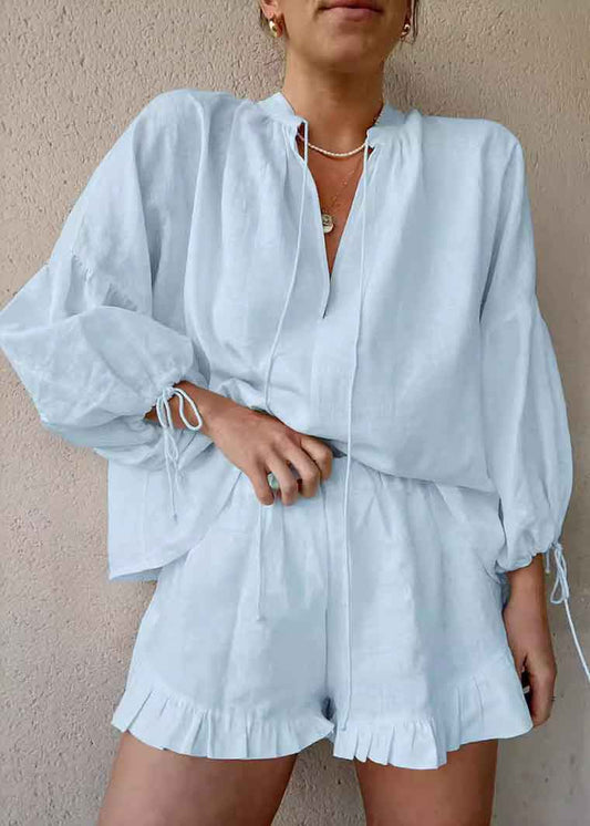 Cotton Suit Shirts Blue And Summer Up Shorts Lace Light Piece Two