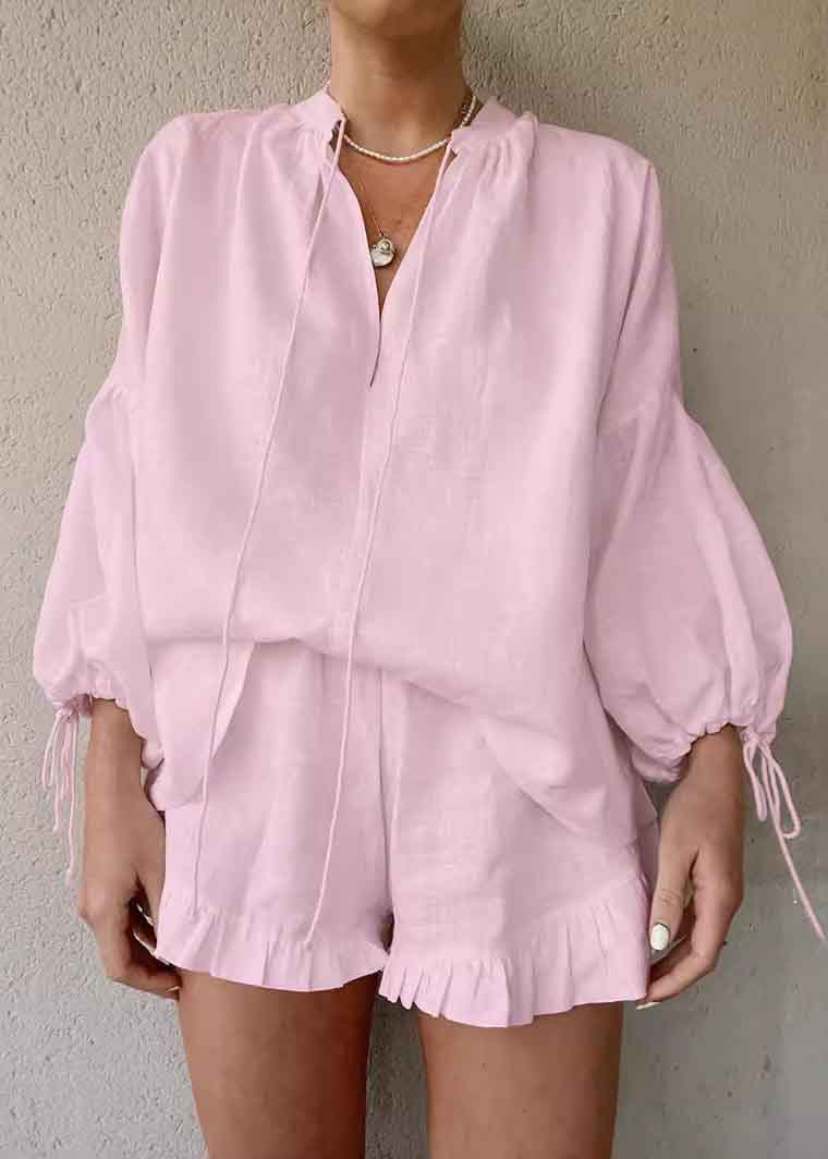 Cotton Suit Shirts Blue And Summer Up Shorts Lace Light Piece Two