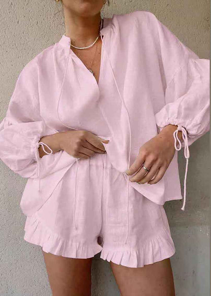 Cotton Suit Shirts Blue And Summer Up Shorts Lace Light Piece Two