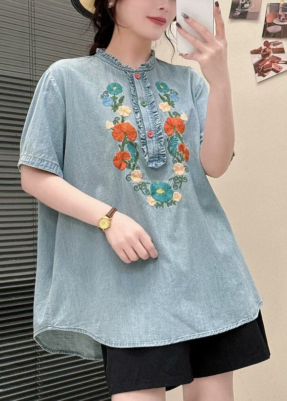 Light Summer Blouses Ruffled Denim Blue Embroidered