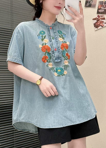 Light Summer Blouses Ruffled Denim Blue Embroidered