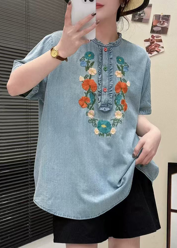 Light Summer Blouses Ruffled Denim Blue Embroidered