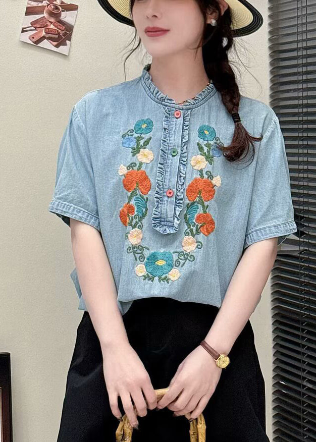 Light Summer Blouses Ruffled Denim Blue Embroidered