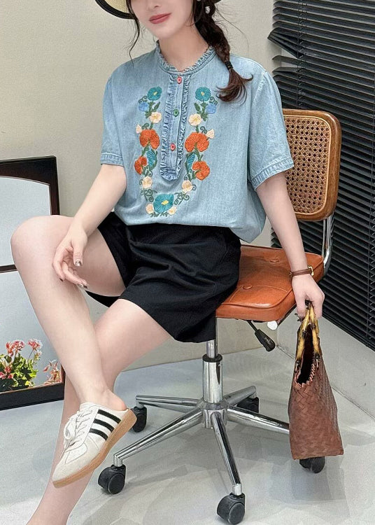 Light Summer Blouses Ruffled Denim Blue Embroidered