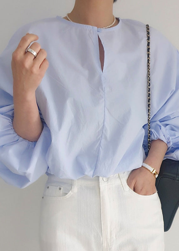 Blue Loose Out O-Neck Puff Light Hollow Shirts Sleeve