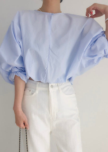 Blue Loose Out O-Neck Puff Light Hollow Shirts Sleeve
