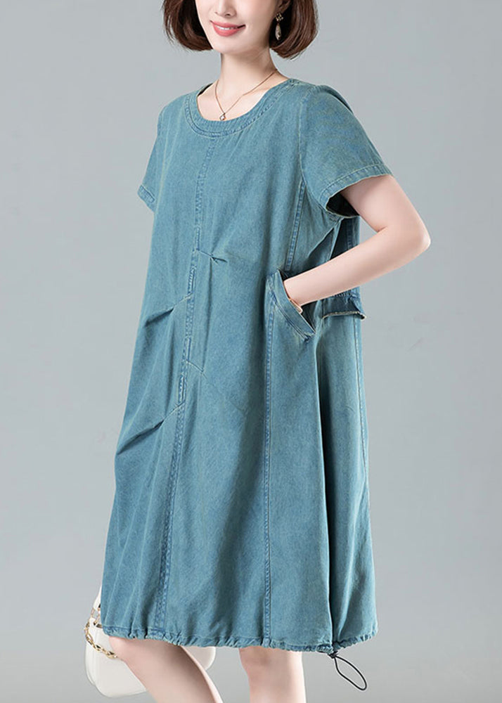 Light Blue Pockets Denim Dresses O Neck Short Sleeve MN086