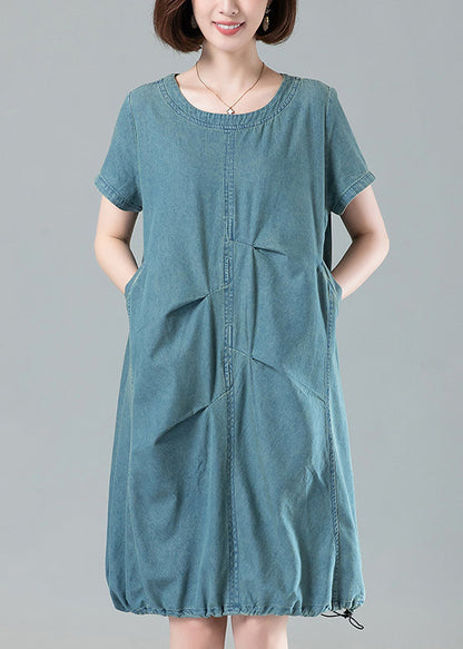 Light Blue Pockets Denim Dresses O Neck Short Sleeve MN086