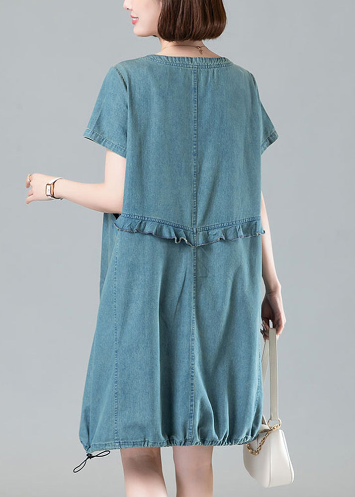 Light Blue Pockets Denim Dresses O Neck Short Sleeve MN086