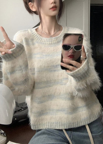 Light Blue Striped Cozy Mink Velvet Sweaters O Neck Spring YJ009