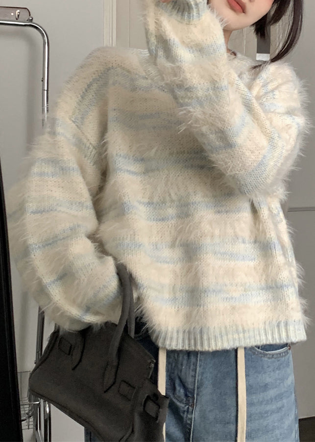 Light Blue Striped Cozy Mink Velvet Sweaters O Neck Spring YJ009