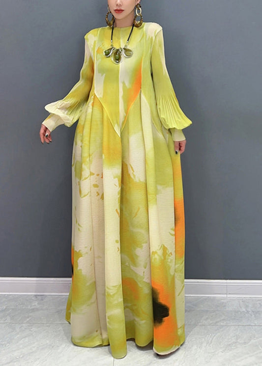 Light Green Print Patchwork Chiffon Maxi Dress Long Sleeve UU1061