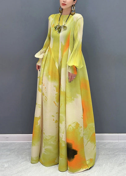 Light Green Print Patchwork Chiffon Maxi Dress Long Sleeve UU1061