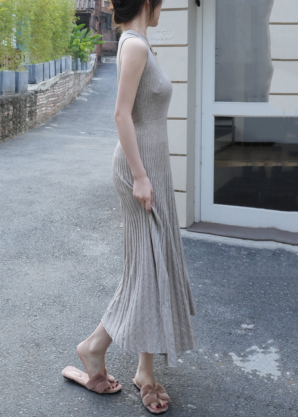 Light Grey High Waist Knit Long Dresses Wrinkled Summer XX012