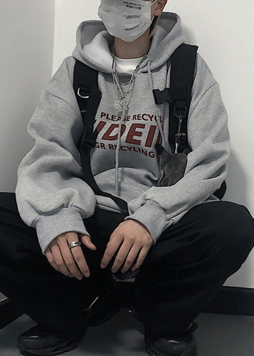 Light Grey Print Pockets Cotton Sweatshirt Men Hooded Spring YQ035