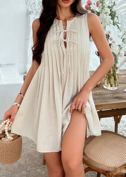 Cotton Dress Bow Wrinkled Mid Apricot Loose Sleeveless