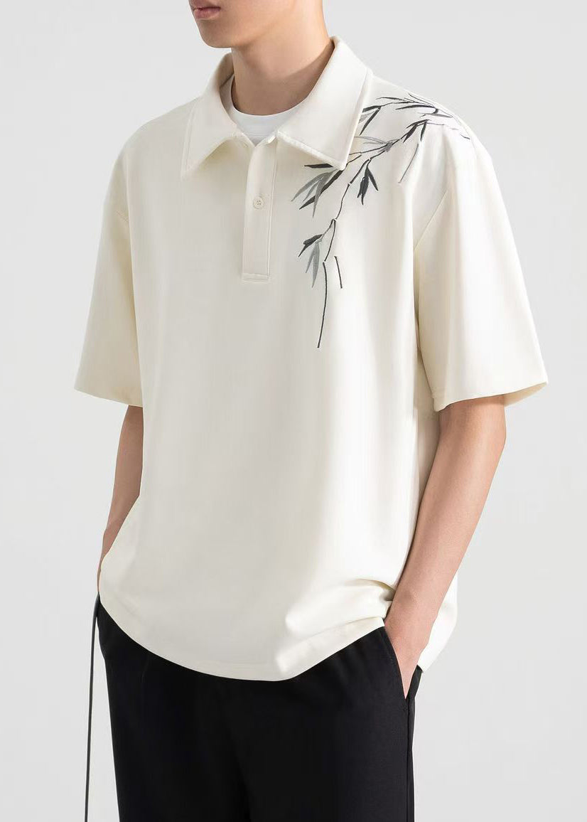 Loose Cotton Mens Apricot Shirt Polo Button Print Summer