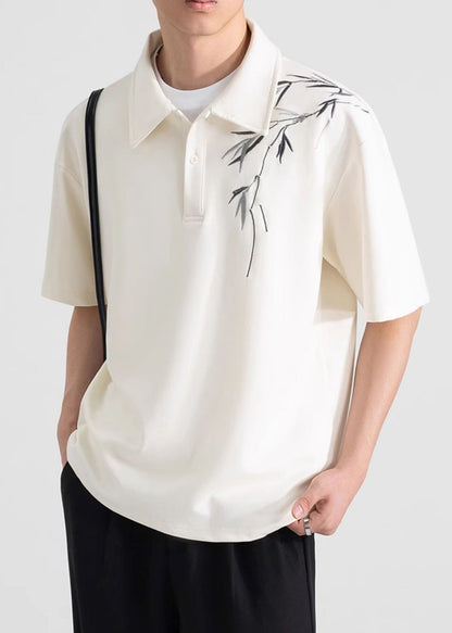 Loose Cotton Mens Apricot Shirt Polo Button Print Summer